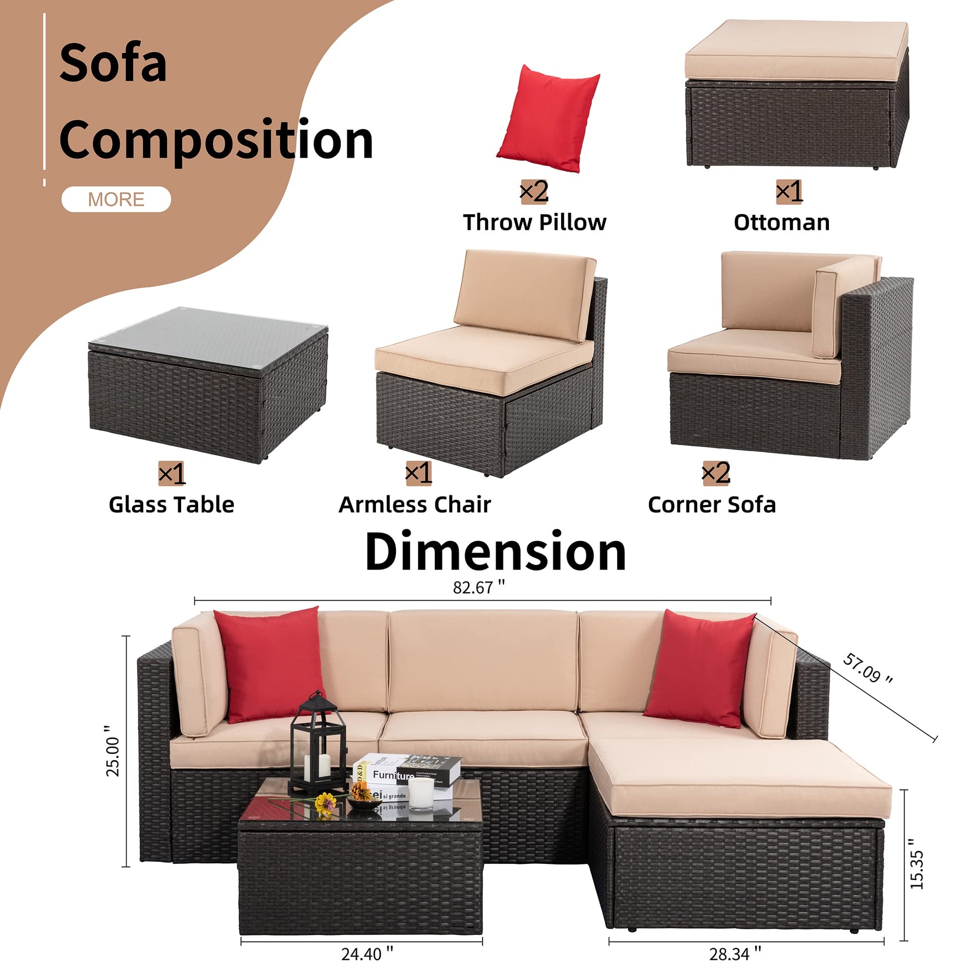Shintenchi 5 Pieces Patio Furniture Sets Outdoor All-Weather Sectional Patio Sofa Set PE Rattan Manual Weaving Wicker Patio Conversation Set with Glass Table&Ottoman Cushion and Red Pillows - CookCave
