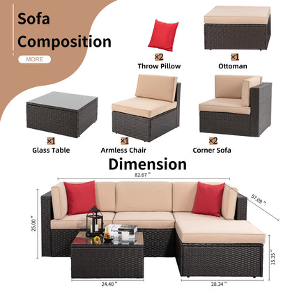 Shintenchi 5 Pieces Patio Furniture Sets Outdoor All-Weather Sectional Patio Sofa Set PE Rattan Manual Weaving Wicker Patio Conversation Set with Glass Table&Ottoman Cushion and Red Pillows - CookCave