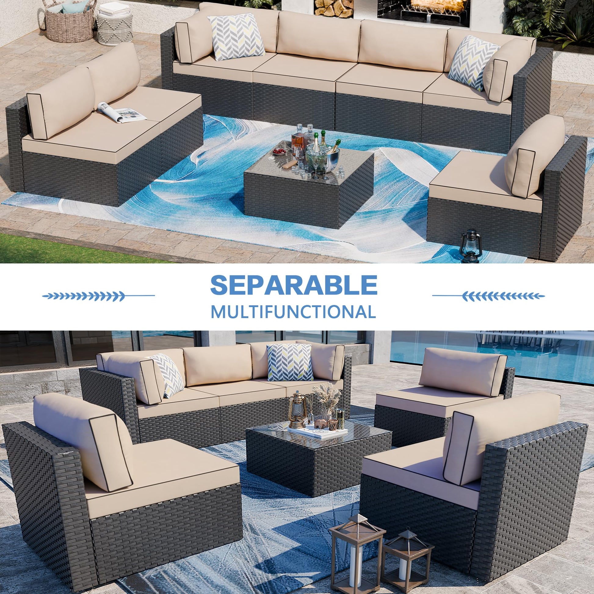 Shintenchi 7 Pieces Outdoor Patio Sectional Sofa Couch, Black Wicker Furniture Conversation Sets with Washable Cushions & Glass Coffee Table for Garden, Poolside, Backyard (Khaki) - CookCave