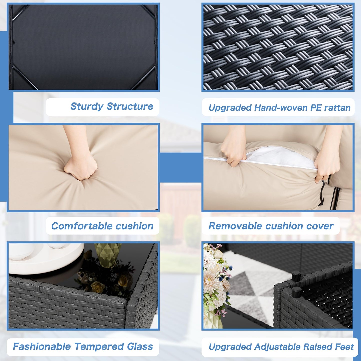 Shintenchi 7 Pieces Outdoor Patio Sectional Sofa Couch, Black Wicker Furniture Conversation Sets with Washable Cushions & Glass Coffee Table for Garden, Poolside, Backyard (Khaki) - CookCave