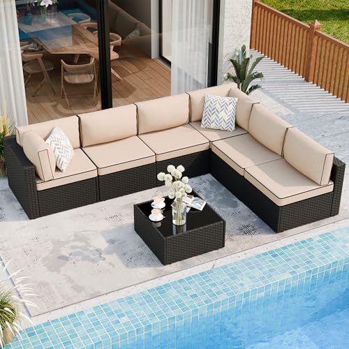 Shintenchi 7 Pieces Outdoor Patio Sectional Sofa Couch, Black Wicker Furniture Conversation Sets with Washable Cushions & Glass Coffee Table for Garden, Poolside, Backyard (Khaki) - CookCave