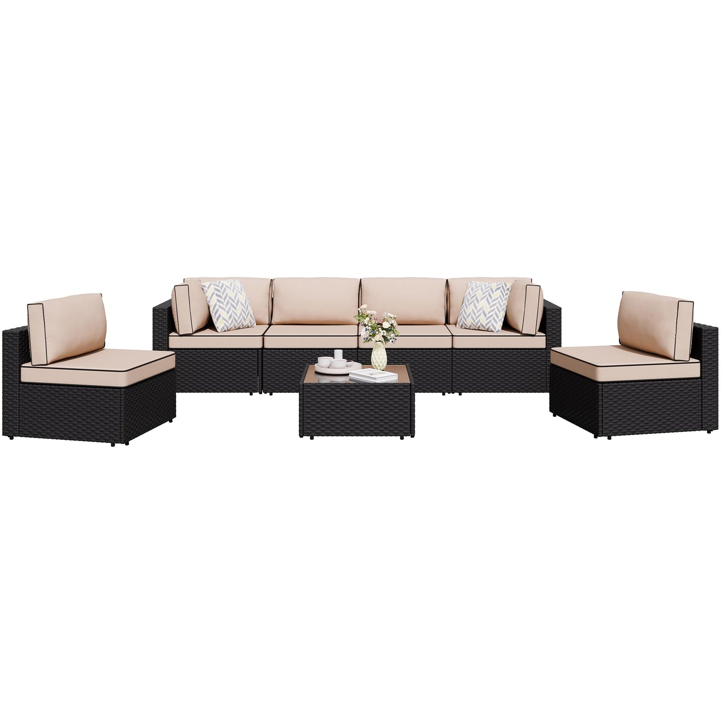 Shintenchi 7 Pieces Outdoor Patio Sectional Sofa Couch, Black Wicker Furniture Conversation Sets with Washable Cushions & Glass Coffee Table for Garden, Poolside, Backyard (Khaki) - CookCave