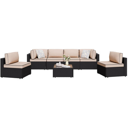 Shintenchi 7 Pieces Outdoor Patio Sectional Sofa Couch, Black Wicker Furniture Conversation Sets with Washable Cushions & Glass Coffee Table for Garden, Poolside, Backyard (Khaki) - CookCave