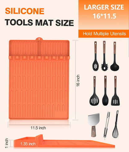 Silicone Griddle Tools Mat for Blackstone - Large Silicone Spatula Mat with Drip Pad - Griddle Mats BBQ Grill Accessories - Side Shelf Mats Grill Pad for Blackstone Griddles Accessories (Orange) - CookCave