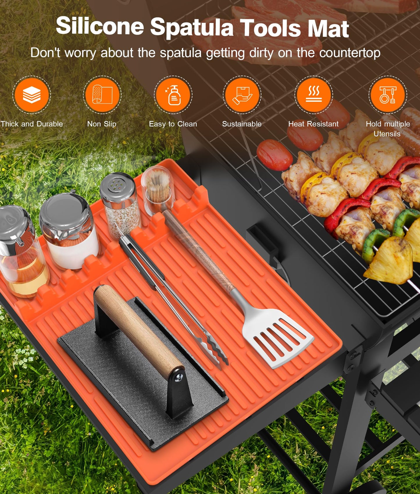 Silicone Griddle Tools Mat for Blackstone - Large Silicone Spatula Mat with Drip Pad - Griddle Mats BBQ Grill Accessories - Side Shelf Mats Grill Pad for Blackstone Griddles Accessories (Orange) - CookCave
