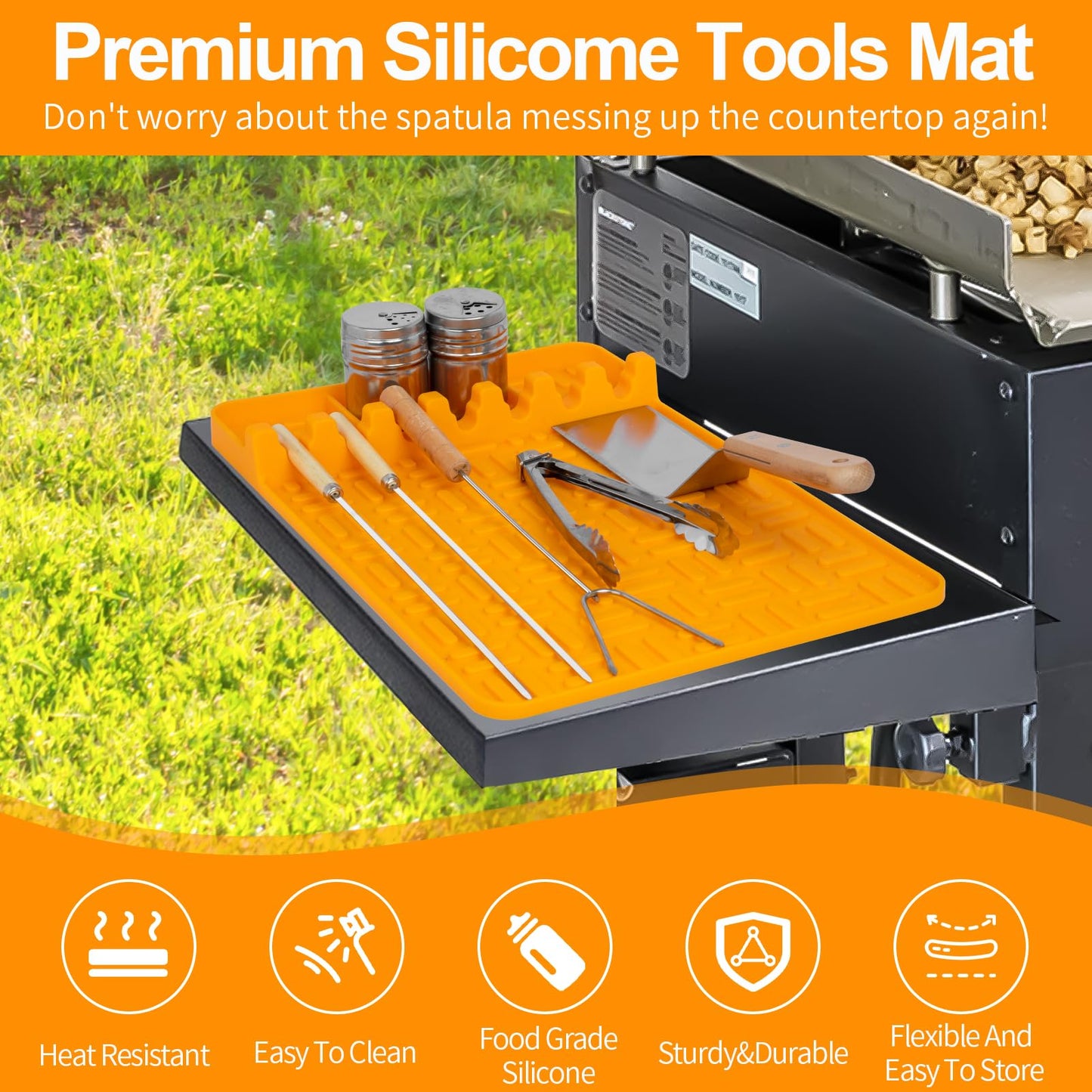 Silicone Spatula Mat Fit for Blackstone, Large Griddle Tools Mat with Drip Pad, Outdoor Grill BBQ Utensils Holder for Kitchen, Cooking & Countertop, Grilling Accessories, Yellow - CookCave