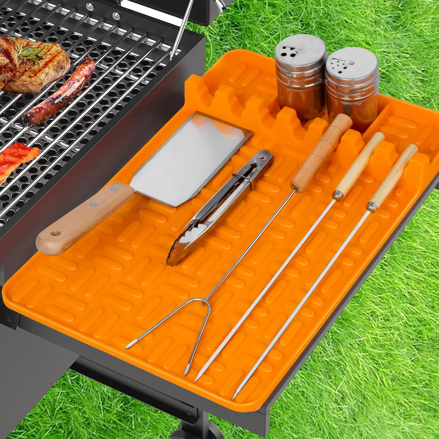 Silicone Spatula Mat Fit for Blackstone, Large Griddle Tools Mat with Drip Pad, Outdoor Grill BBQ Utensils Holder for Kitchen, Cooking & Countertop, Grilling Accessories, Yellow - CookCave