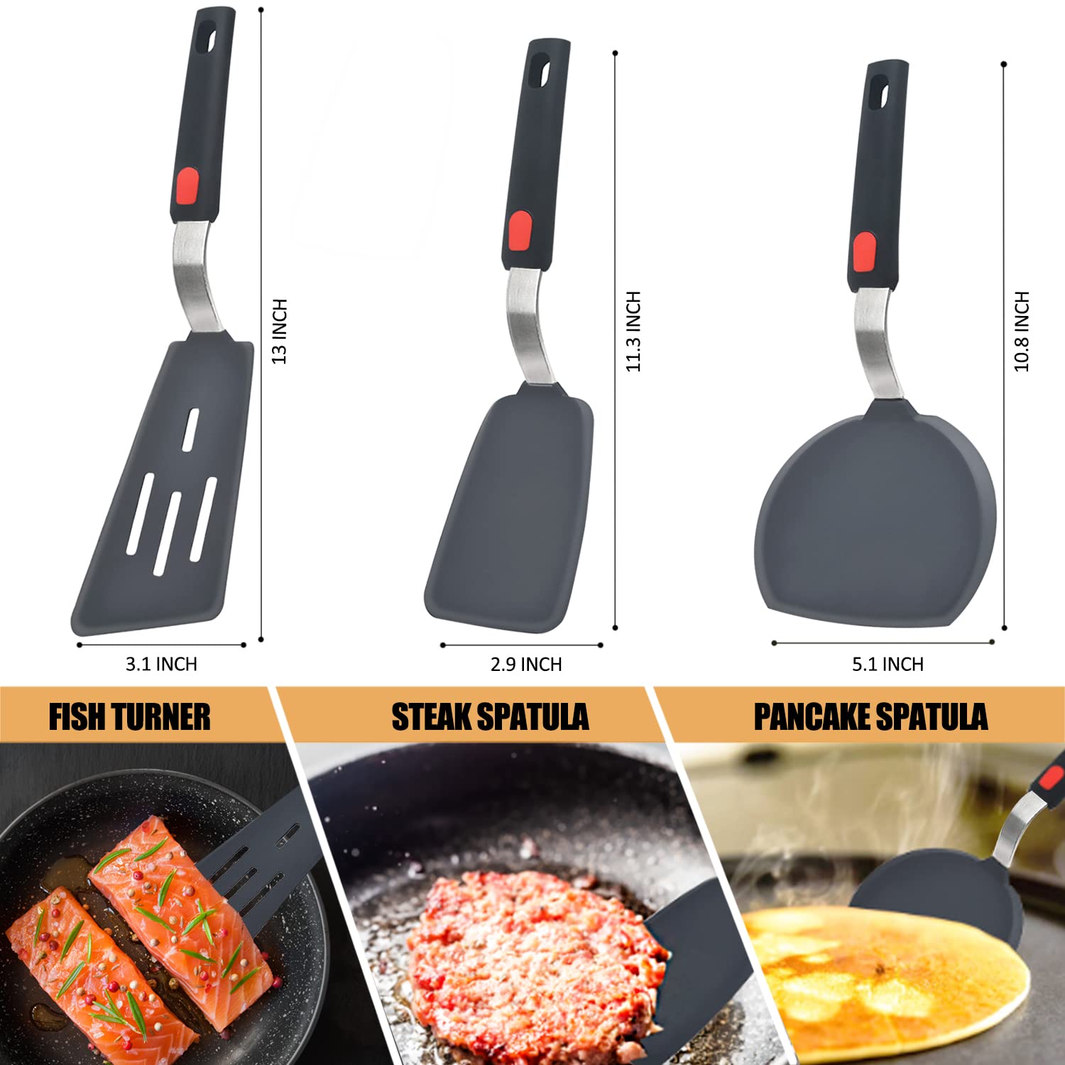 Silicone Spatula Turner Set of 3, Beijiyi 600°F Heat Resistant Cooking Spatulas for Nonstick Cookware, Large Flexible Kitchen Utensils BPA Free Rubber Spatula Set for Egg, Pancake, Fish, Burger - CookCave