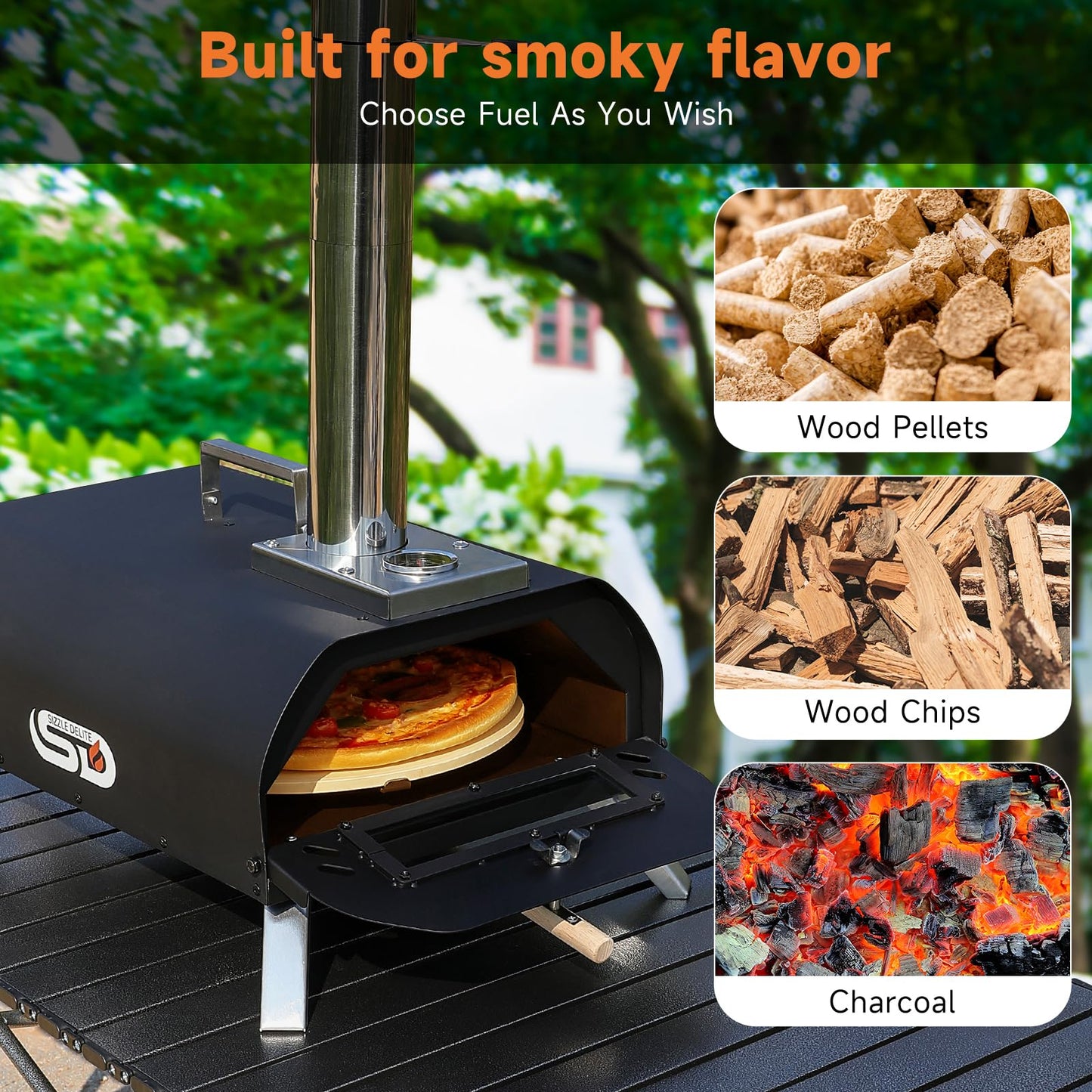 SizzleDelite Outdoor Pizza Oven Wood Pellet 12" Round Pizza Stone, Portable Wood Fired with Built-in Thermometer Pizza Stove, Stainless Steel Pizza Maker for Outside, Backyard, Camping - Black - CookCave