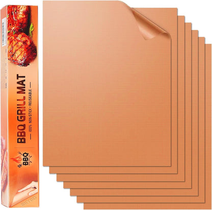 SKYBD Copper Grill Mats for Outdoor Grill（Set of 6), Nonstick & Easy to Clean BBQ Grilling Sheets, Reusable & Heavy Duty Mats Works on Outdoor Gas, Electric, Charcoal Grill - CookCave