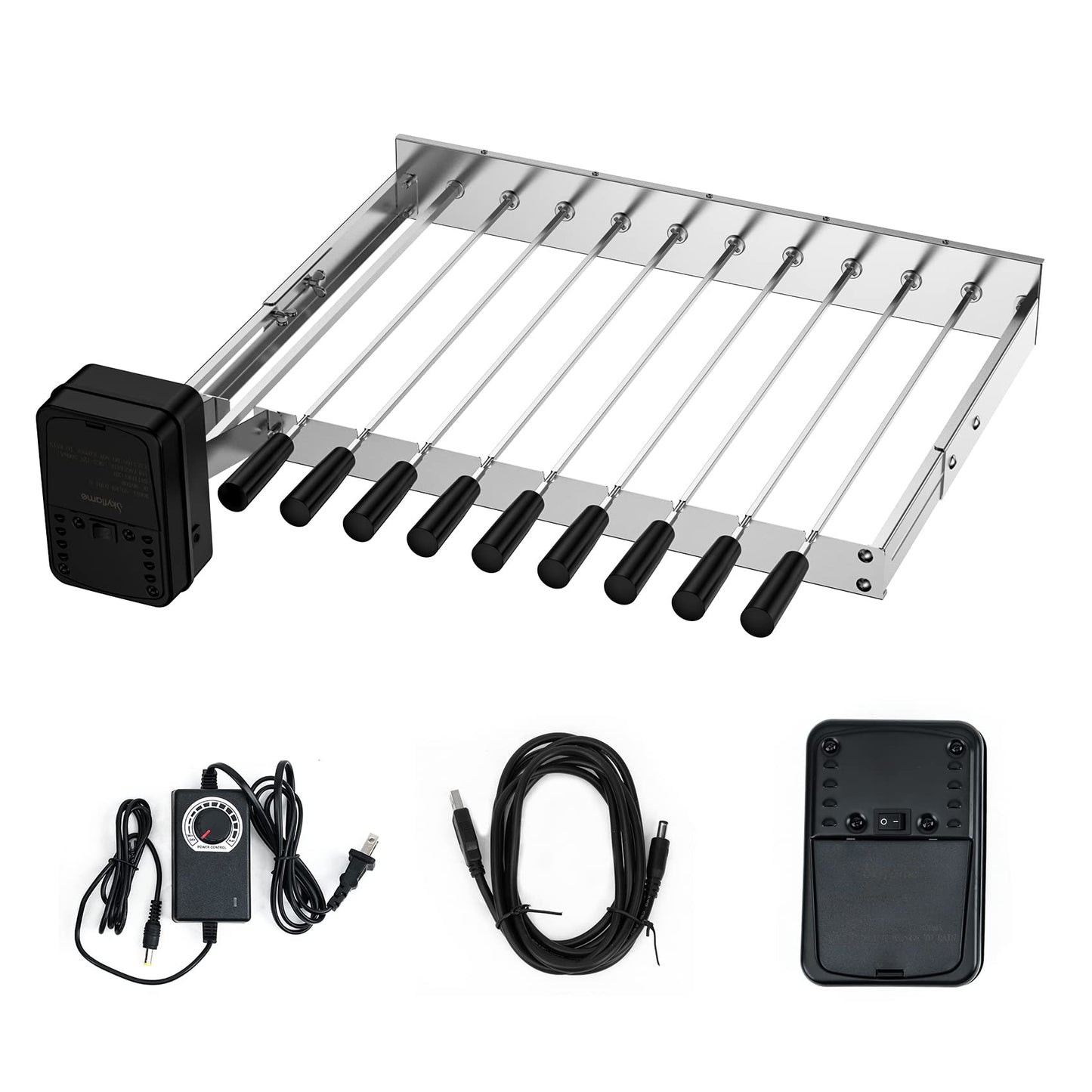 Skyflame Stainless Steel Electric Barbecue Shish Kabob Skewer Set with 9pcs Skewers, Automatic Rotating Skewer Turner with Adjustable Speed Motor and Adjustable Length Rotisserie BBQ Grill Rack - CookCave