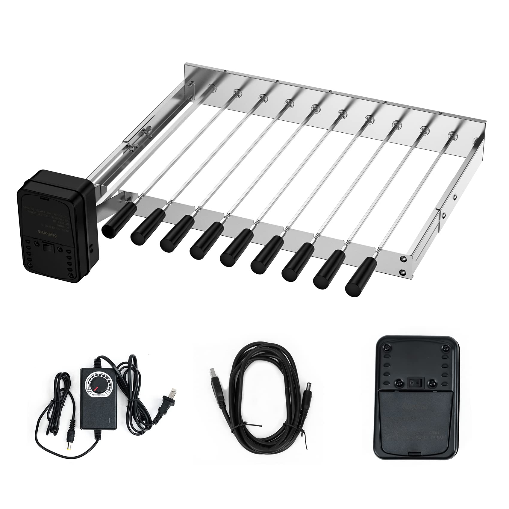 Skyflame Stainless Steel Electric Barbecue Shish Kabob Skewer Set with 9pcs Skewers, Automatic Rotating Skewer Turner with Adjustable Speed Motor and Adjustable Length Rotisserie BBQ Grill Rack - CookCave