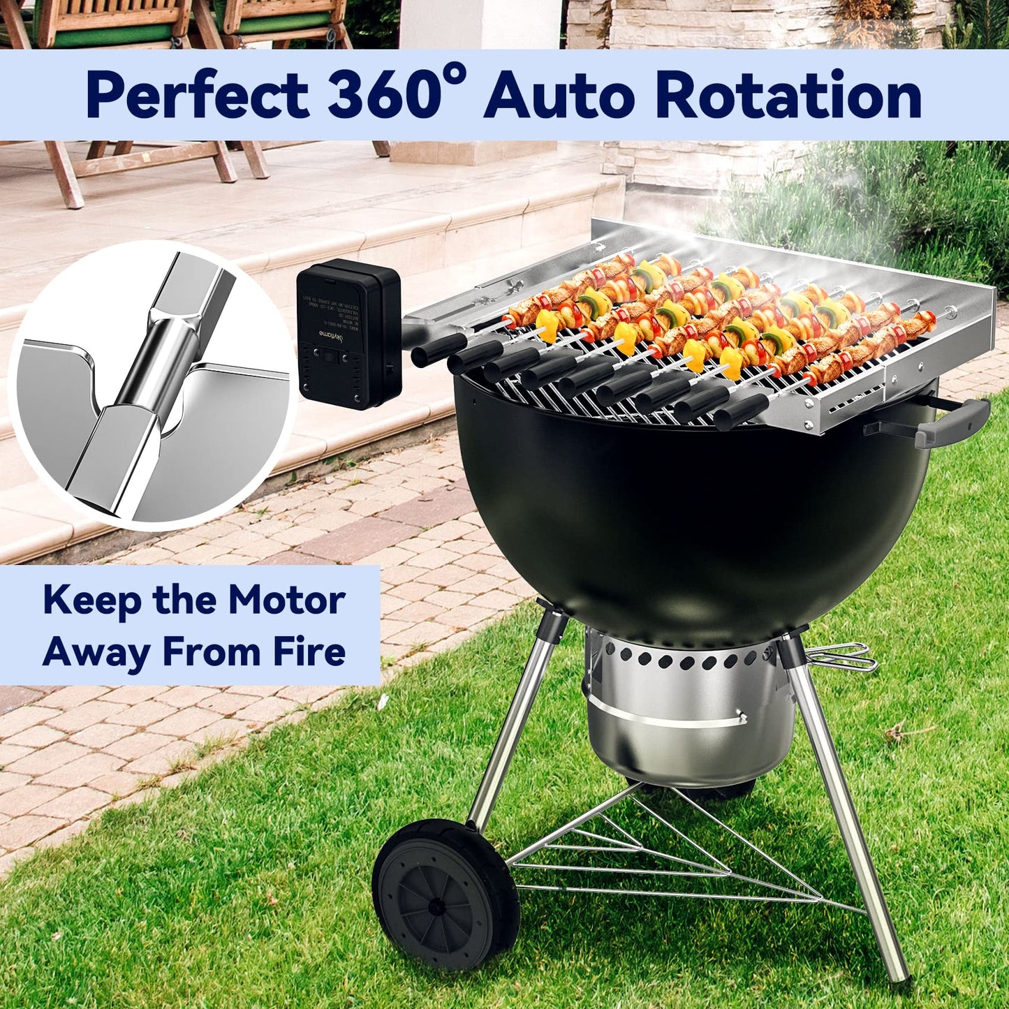 Skyflame Stainless Steel Electric Barbecue Shish Kabob Skewer Set with 9pcs Skewers, Automatic Rotating Skewer Turner with Adjustable Speed Motor and Adjustable Length Rotisserie BBQ Grill Rack - CookCave