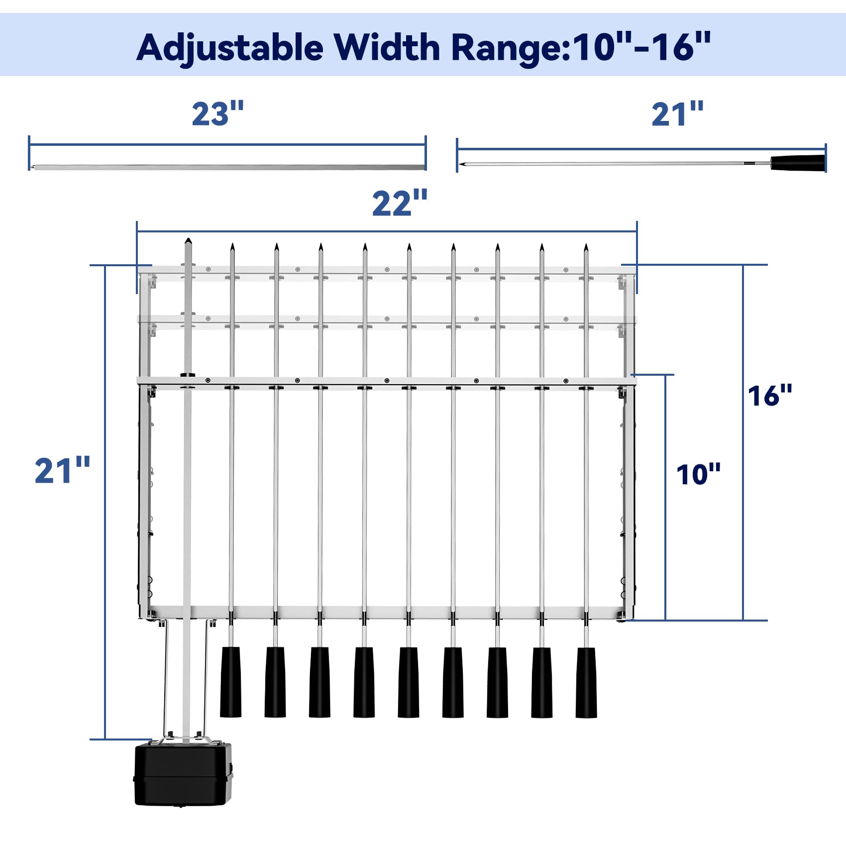 Skyflame Stainless Steel Electric Barbecue Shish Kabob Skewer Set with 9pcs Skewers, Automatic Rotating Skewer Turner with Adjustable Speed Motor and Adjustable Length Rotisserie BBQ Grill Rack - CookCave