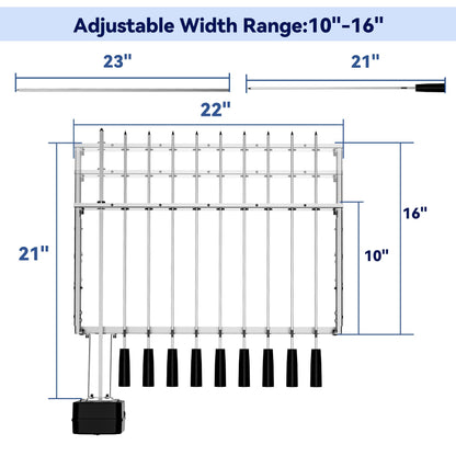Skyflame Stainless Steel Electric Barbecue Shish Kabob Skewer Set with 9pcs Skewers, Automatic Rotating Skewer Turner with Adjustable Speed Motor and Adjustable Length Rotisserie BBQ Grill Rack - CookCave
