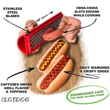 SLOTDOG - Hot Dog Slicing Tool - Stainless Steel Cutter Blades for Kitchen, Grilling, Tailgating, Camping and Backyard Outdoor BBQ - 10 inch - Red - CookCave