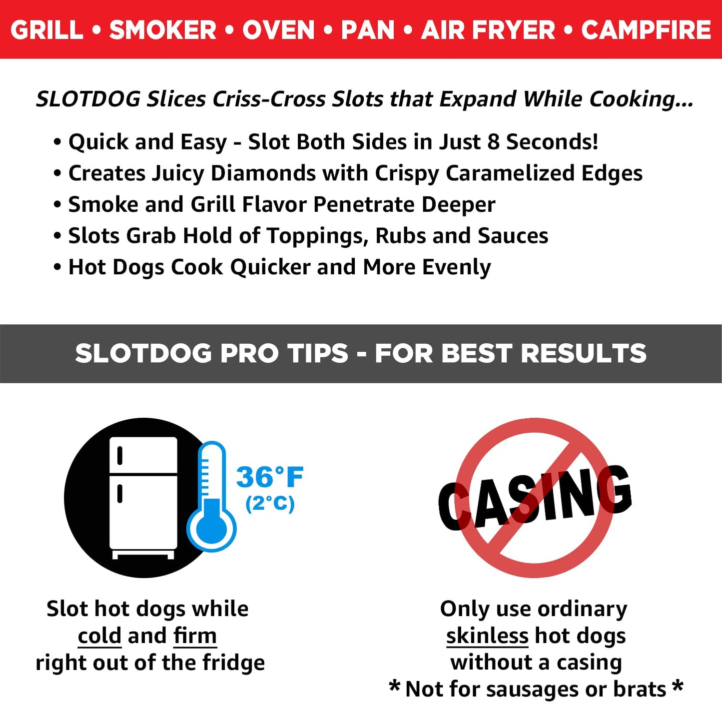 SLOTDOG - Hot Dog Slicing Tool - Stainless Steel Cutter Blades for Kitchen, Grilling, Tailgating, Camping and Backyard Outdoor BBQ - 10 inch - Red - CookCave