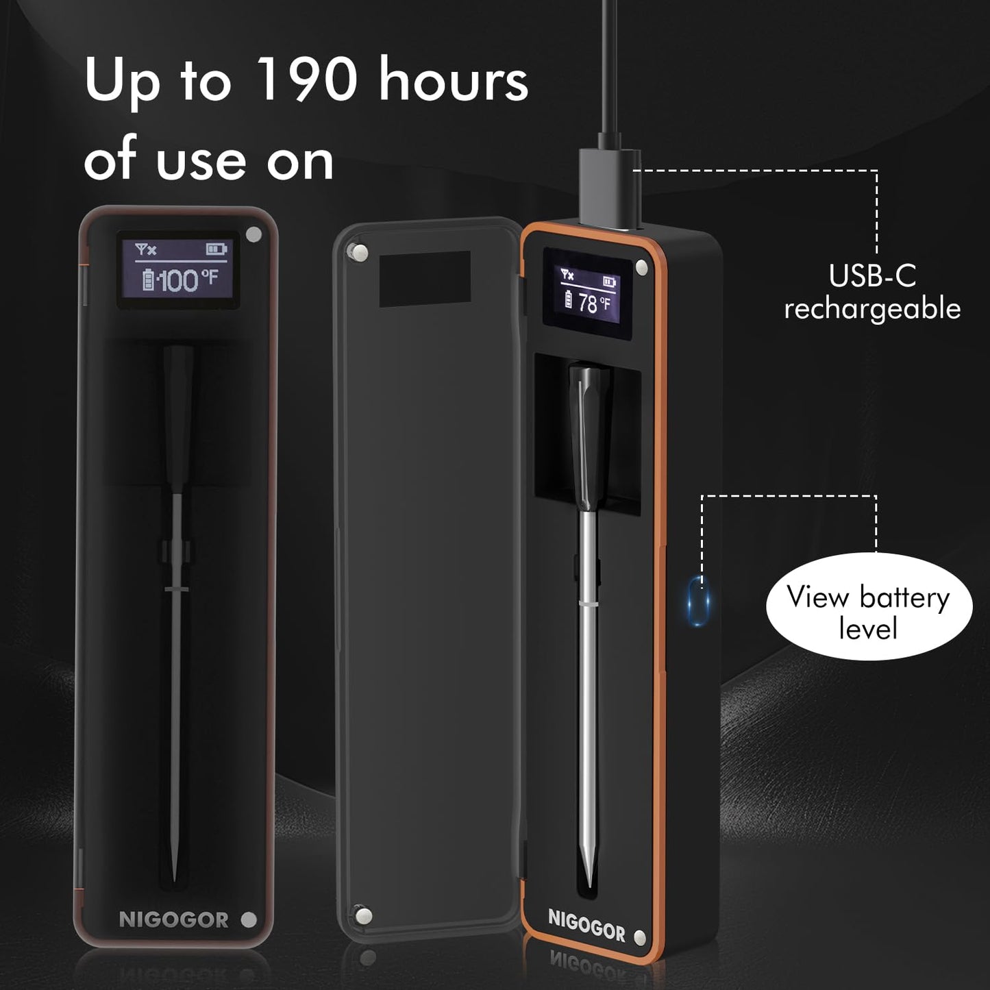 Smart Wireless Meat Thermometer with Thinnest Probe, Bluetooth Food Thermometer, Remote Tracking and Real-Time Readings from Apps, for iOS and Android, for BBQ, Grill, Smoker - CookCave