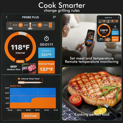 Smart Wireless Meat Thermometer with Thinnest Probe, Bluetooth Food Thermometer, Remote Tracking and Real-Time Readings from Apps, for iOS and Android, for BBQ, Grill, Smoker - CookCave
