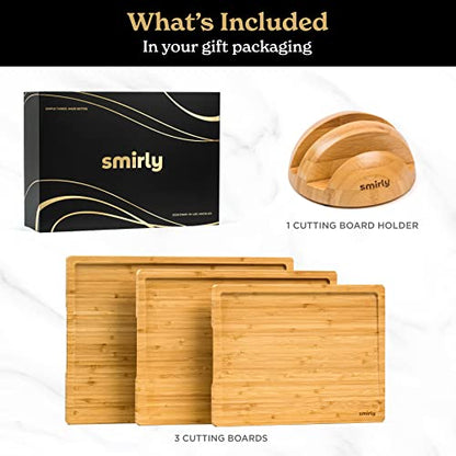 SMIRLY Wooden Cutting Boards For Kitchen - Bamboo Cutting Board Set with Holder, Wood Cutting Board Set, Cutting Board Wood, Wooden Chopping Board, Wooden Cutting Board Set - CookCave