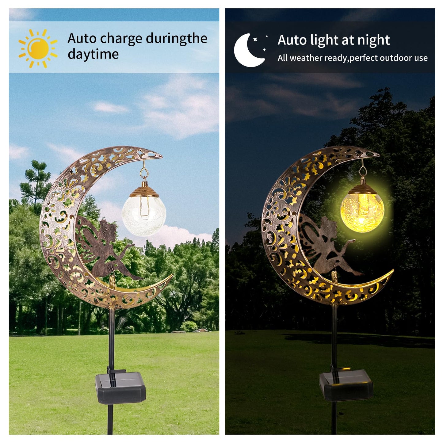 Solar Garden Lights Outdoor Decor,Moon Fairy Crackle Glass Lights,Waterproof Warm White LED Metal Stake Ornament,for Walkway Backyard Patio Lawn Pathway Decorations-Unique Gift Ideas for Gardening - CookCave