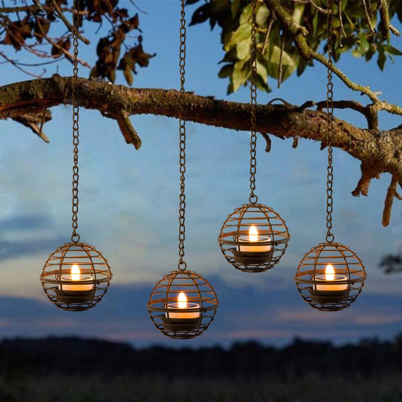 Solar Hanging Lanterns Outdoor Waterproof, Rust Iron Ball Candle Holder with Flickering Solar Powered Tea Lights, Perfect Chargeable Solar Lights for Backyard Patio Garden Fence Tree Decoration-4Pack - CookCave