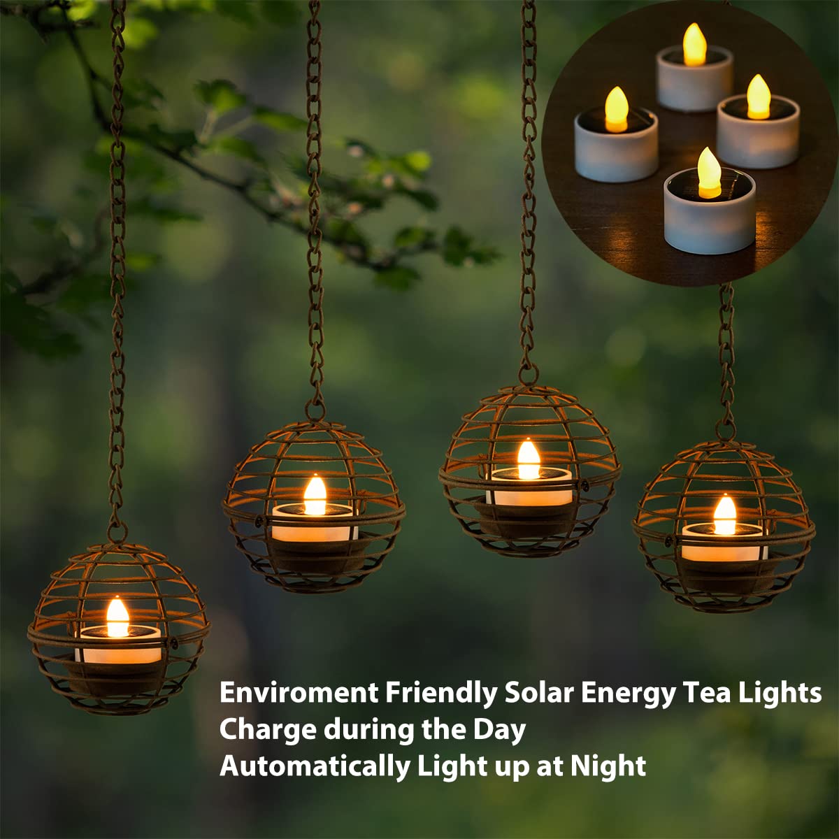 Solar Hanging Lanterns Outdoor Waterproof, Rust Iron Ball Candle Holder with Flickering Solar Powered Tea Lights, Perfect Chargeable Solar Lights for Backyard Patio Garden Fence Tree Decoration-4Pack - CookCave