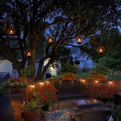 Solar Hanging Lanterns Outdoor Waterproof, Rust Iron Ball Candle Holder with Flickering Solar Powered Tea Lights, Perfect Chargeable Solar Lights for Backyard Patio Garden Fence Tree Decoration-4Pack - CookCave