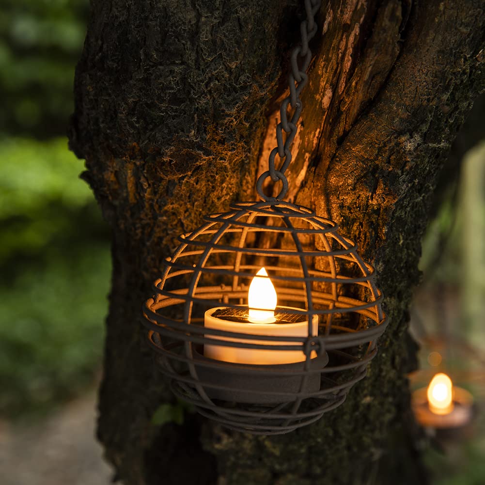 Solar Hanging Lanterns Outdoor Waterproof, Rust Iron Ball Candle Holder with Flickering Solar Powered Tea Lights, Perfect Chargeable Solar Lights for Backyard Patio Garden Fence Tree Decoration-4Pack - CookCave
