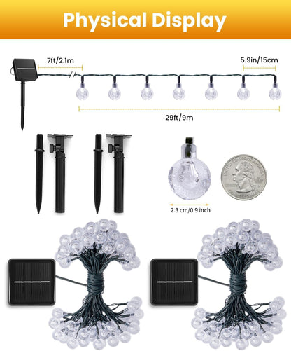 Solar String Lights Outdoor Waterproof, 2 Pack 60 LED 36.5 FT Each, Solar Powered Patio Lights with 8 Lighting Modes for Garden Yard Porch Wedding Party Decor (Warm White) - CookCave