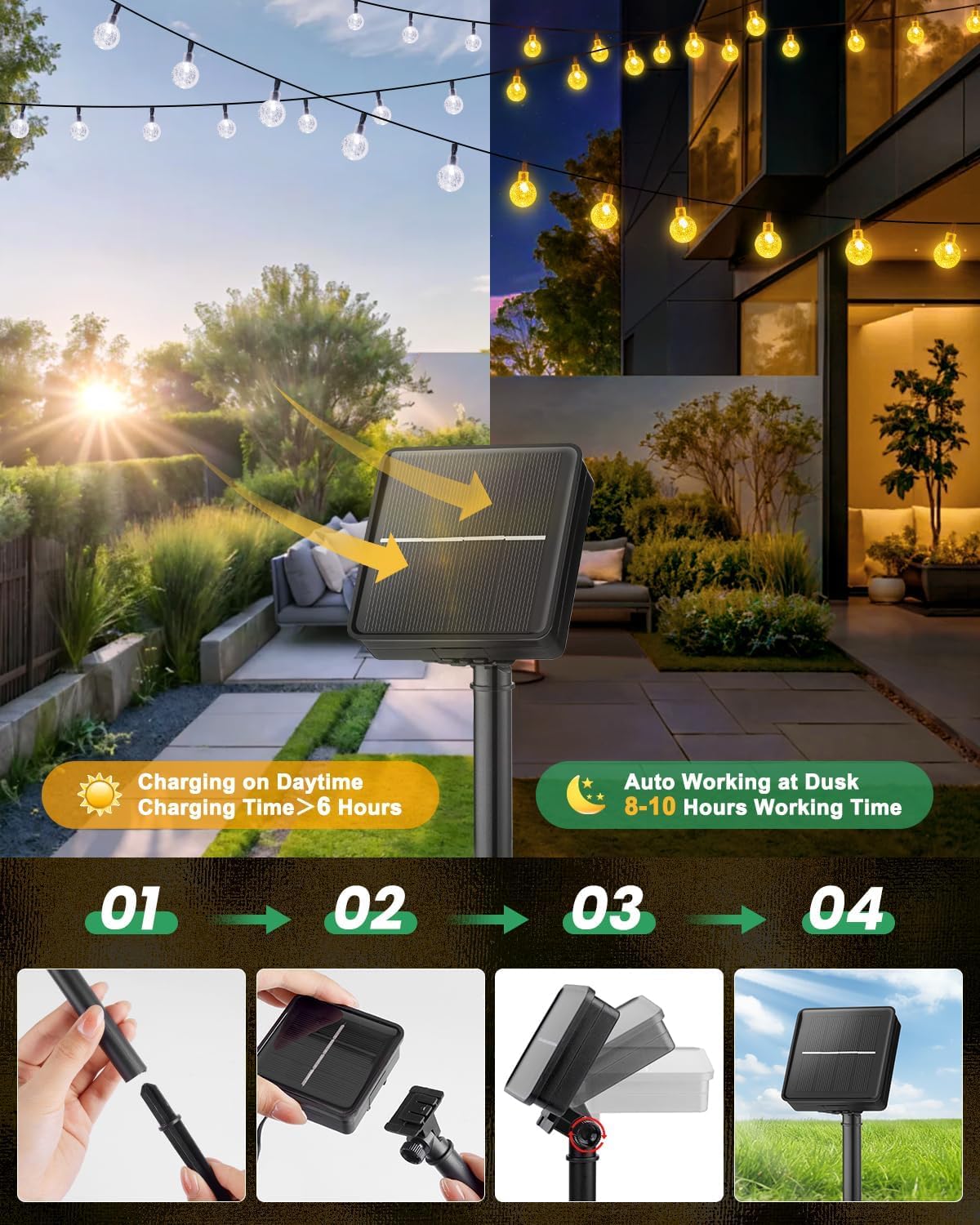 Solar String Lights Outdoor Waterproof, 2 Pack 60 LED 36.5 FT Each, Solar Powered Patio Lights with 8 Lighting Modes for Garden Yard Porch Wedding Party Decor (Warm White) - CookCave