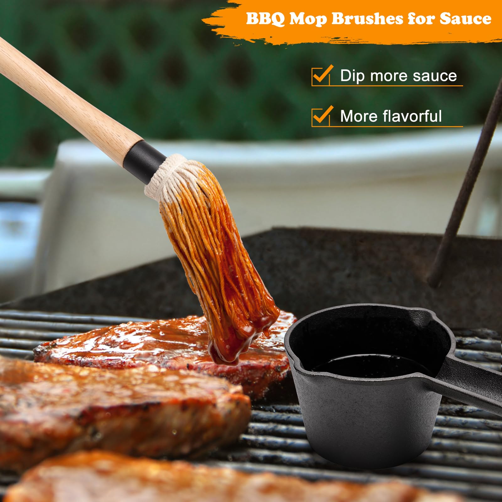 Solaradgy BBQ Mop Brushes for Sauce and Cast Iron Sauce Pot, 11Pcs Valuable Basting Brush Set for Grilling, BBQ Sauce Basting Mops Kit Multiple Replaceable Heads for BBQ Basting Mop - CookCave