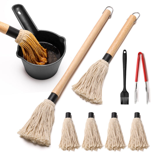 Solaradgy BBQ Mop Brushes for Sauce and Cast Iron Sauce Pot, 11Pcs Valuable Basting Brush Set for Grilling, BBQ Sauce Basting Mops Kit Multiple Replaceable Heads for BBQ Basting Mop - CookCave