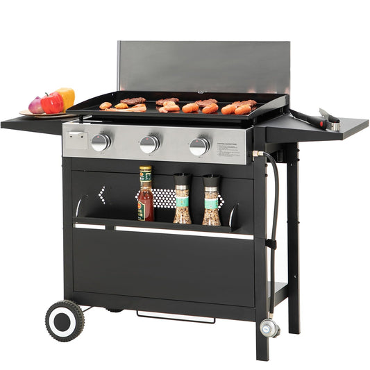 Sophia & William 27-Inch Flat Top Grill with Ceramic Coated Cast Iron Griddle, 3-Burner Propane Gas BBQ Griddle, Portable Outdoor Barbecue Grill,33,000 BTU,Black - CookCave