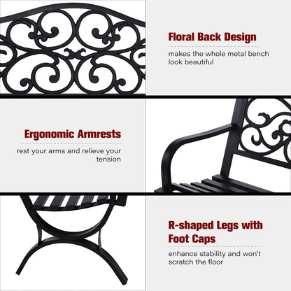 Sophia & William 50" Outdoor Garden Bench Patio Park Bench, Cast Iron Metal Frame Furniture with Floral Design Backrest for Porch Yard Lawn Deck, Black - CookCave