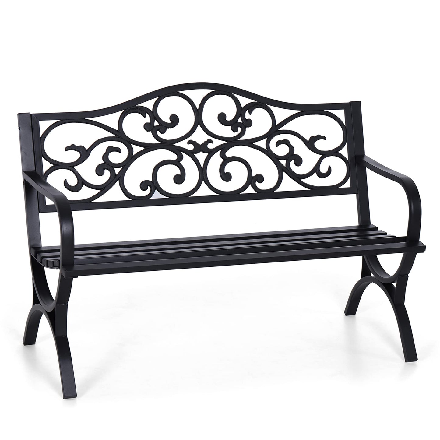 Sophia & William 50" Outdoor Garden Bench Patio Park Bench, Cast Iron Metal Frame Furniture with Floral Design Backrest for Porch Yard Lawn Deck, Black - CookCave