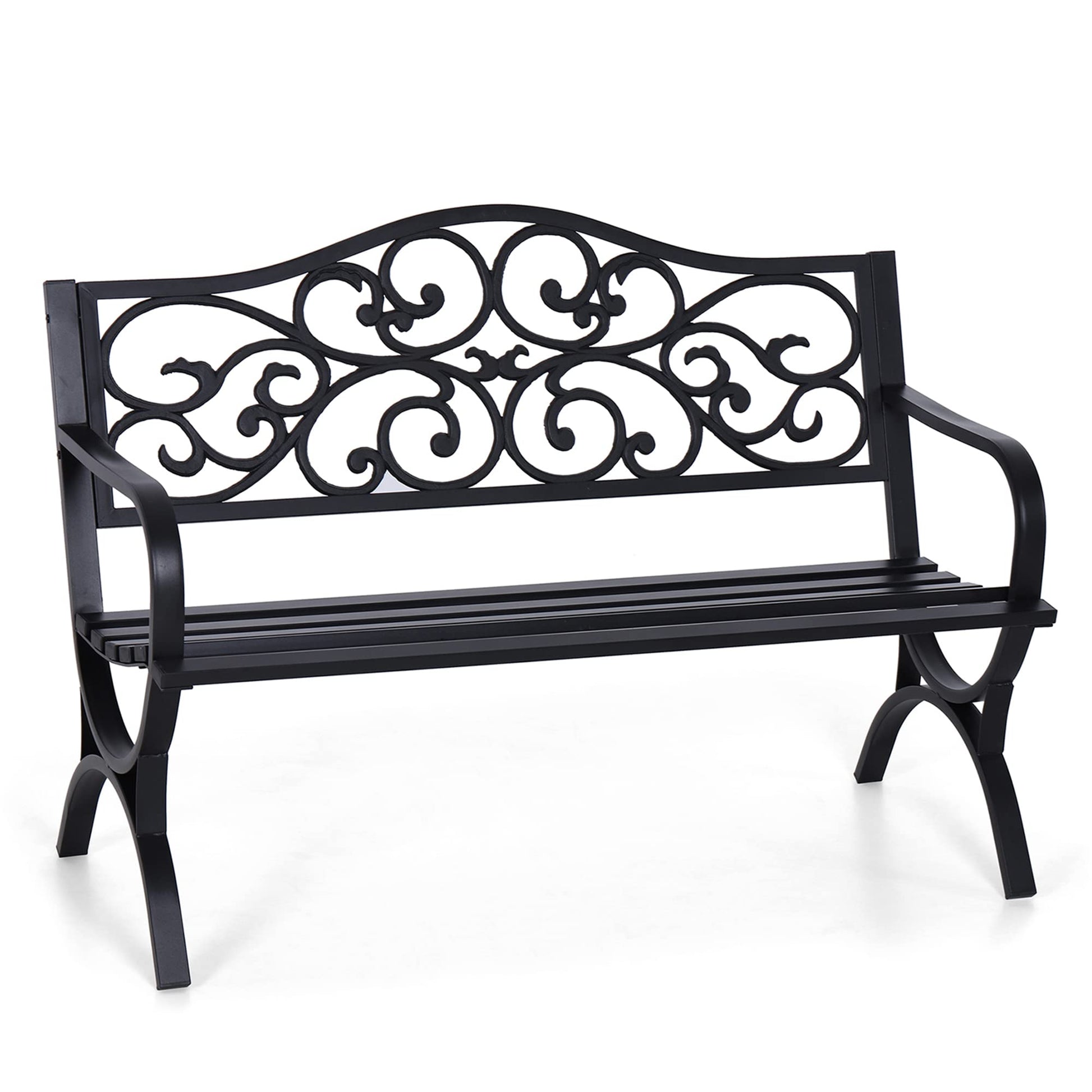 Sophia & William 50" Outdoor Garden Bench Patio Park Bench, Cast Iron Metal Frame Furniture with Floral Design Backrest for Porch Yard Lawn Deck, Black - CookCave