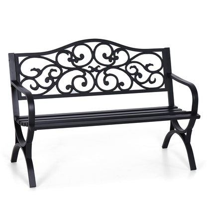 Sophia & William 50" Outdoor Garden Bench Patio Park Bench, Cast Iron Metal Frame Furniture with Floral Design Backrest for Porch Yard Lawn Deck, Black - CookCave