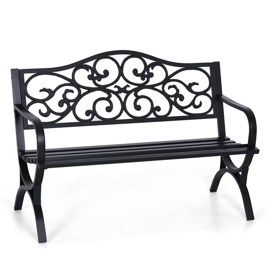 Sophia & William 50" Outdoor Garden Bench Patio Park Bench, Cast Iron Metal Frame Furniture with Floral Design Backrest for Porch Yard Lawn Deck, Black - CookCave