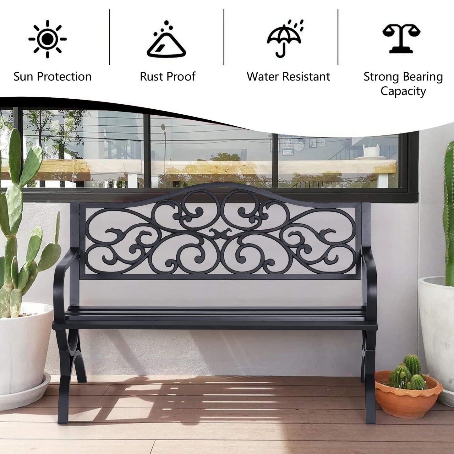Sophia & William 50" Outdoor Garden Bench Patio Park Bench, Cast Iron Metal Frame Furniture with Floral Design Backrest for Porch Yard Lawn Deck, Black - CookCave