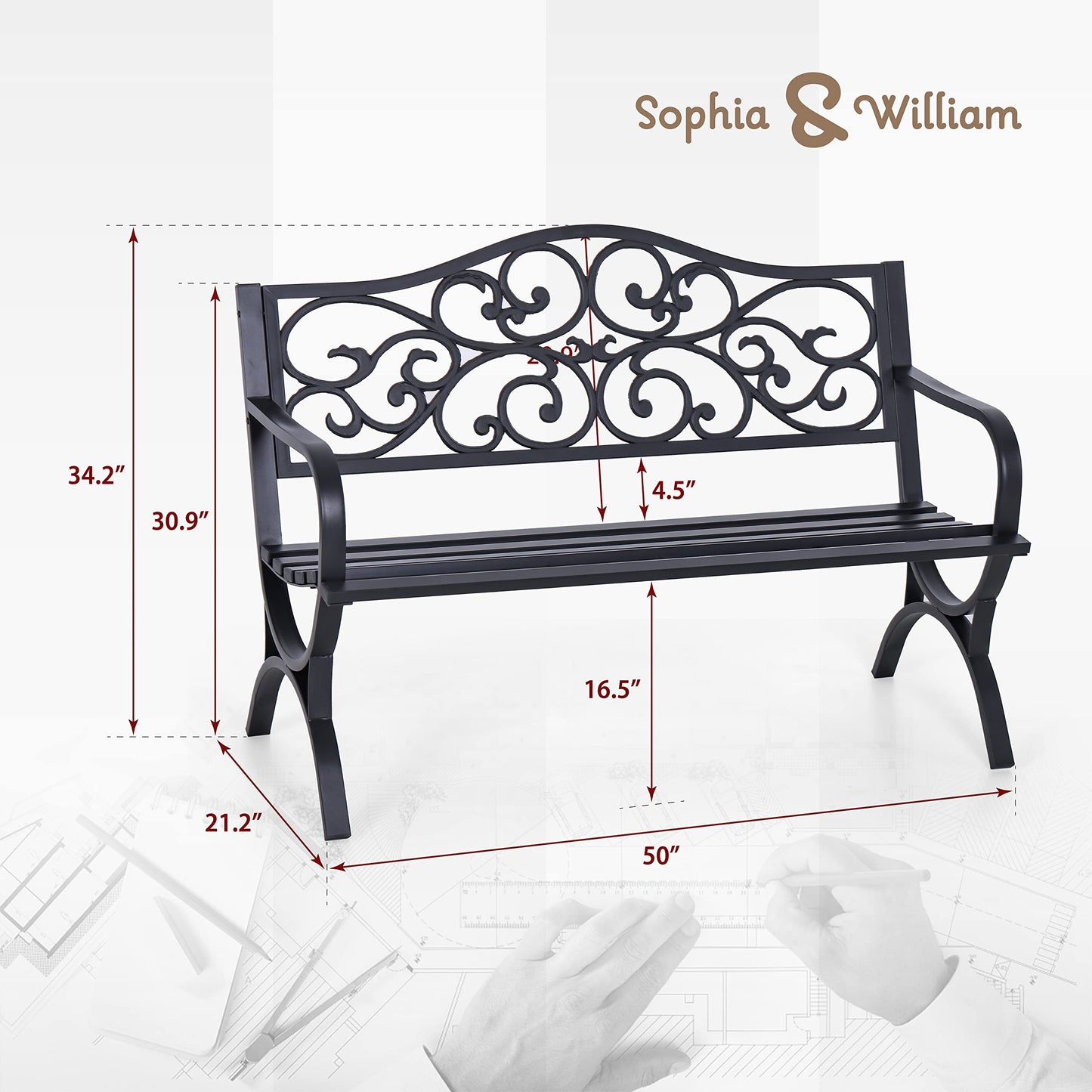 Sophia & William 50" Outdoor Garden Bench Patio Park Bench, Cast Iron Metal Frame Furniture with Floral Design Backrest for Porch Yard Lawn Deck, Black - CookCave