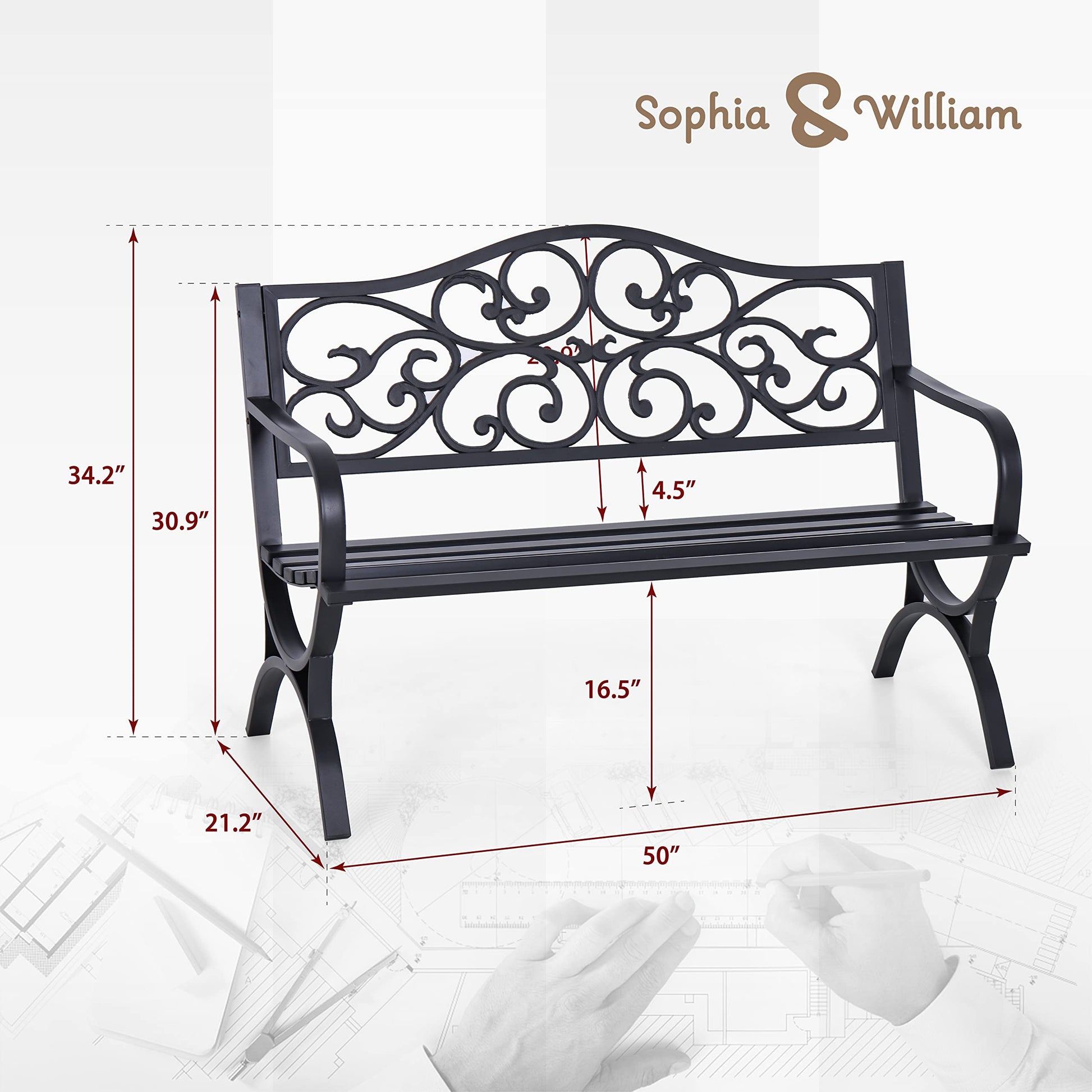 Sophia & William 50" Outdoor Garden Bench Patio Park Bench, Cast Iron Metal Frame Furniture with Floral Design Backrest for Porch Yard Lawn Deck, Black - CookCave