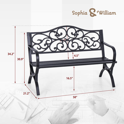 Sophia & William 50" Outdoor Garden Bench Patio Park Bench, Cast Iron Metal Frame Furniture with Floral Design Backrest for Porch Yard Lawn Deck, Black - CookCave