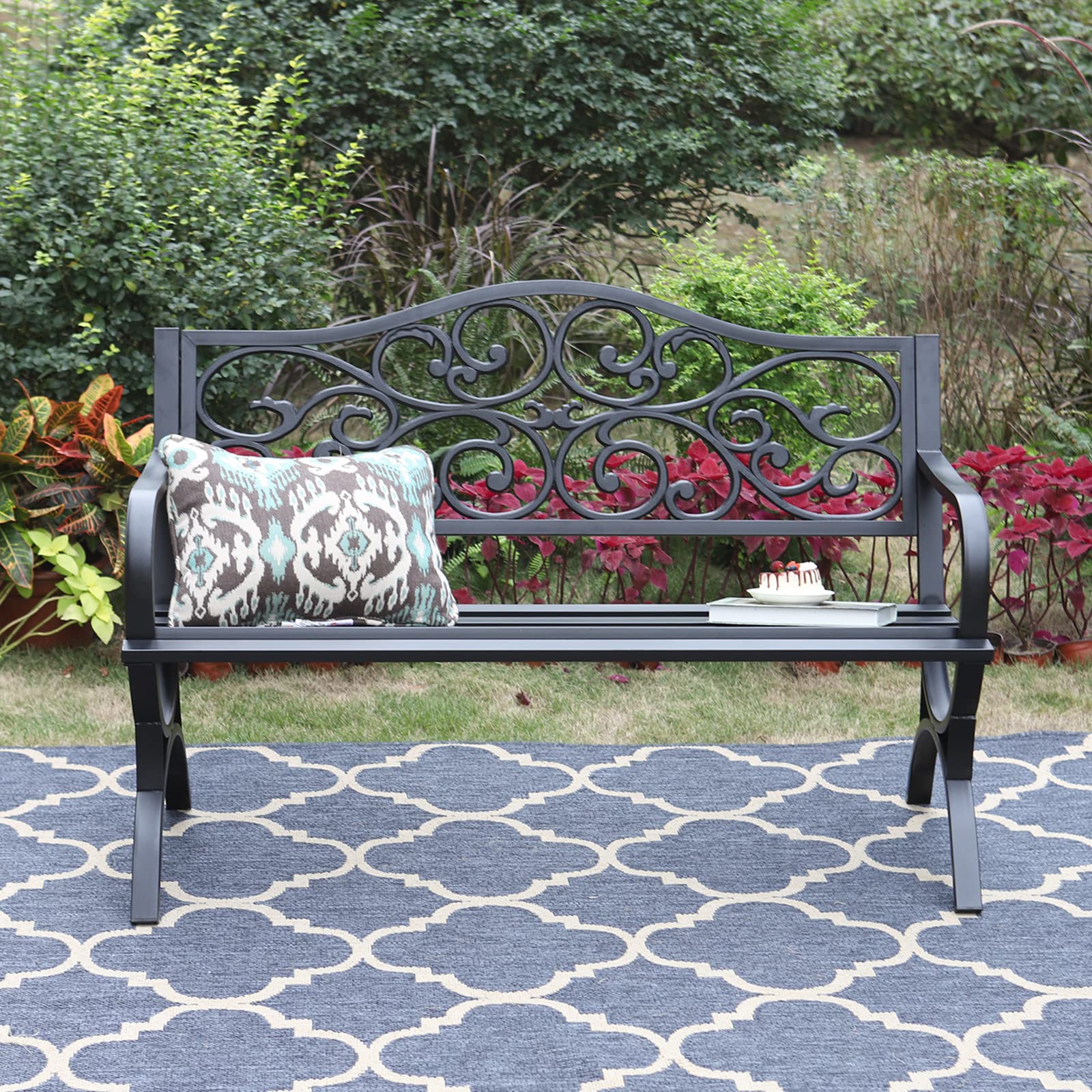 Sophia & William 50" Outdoor Garden Bench Patio Park Bench, Cast Iron Metal Frame Furniture with Floral Design Backrest for Porch Yard Lawn Deck, Black - CookCave