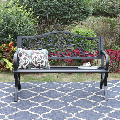 Sophia & William 50" Outdoor Garden Bench Patio Park Bench, Cast Iron Metal Frame Furniture with Floral Design Backrest for Porch Yard Lawn Deck, Black - CookCave