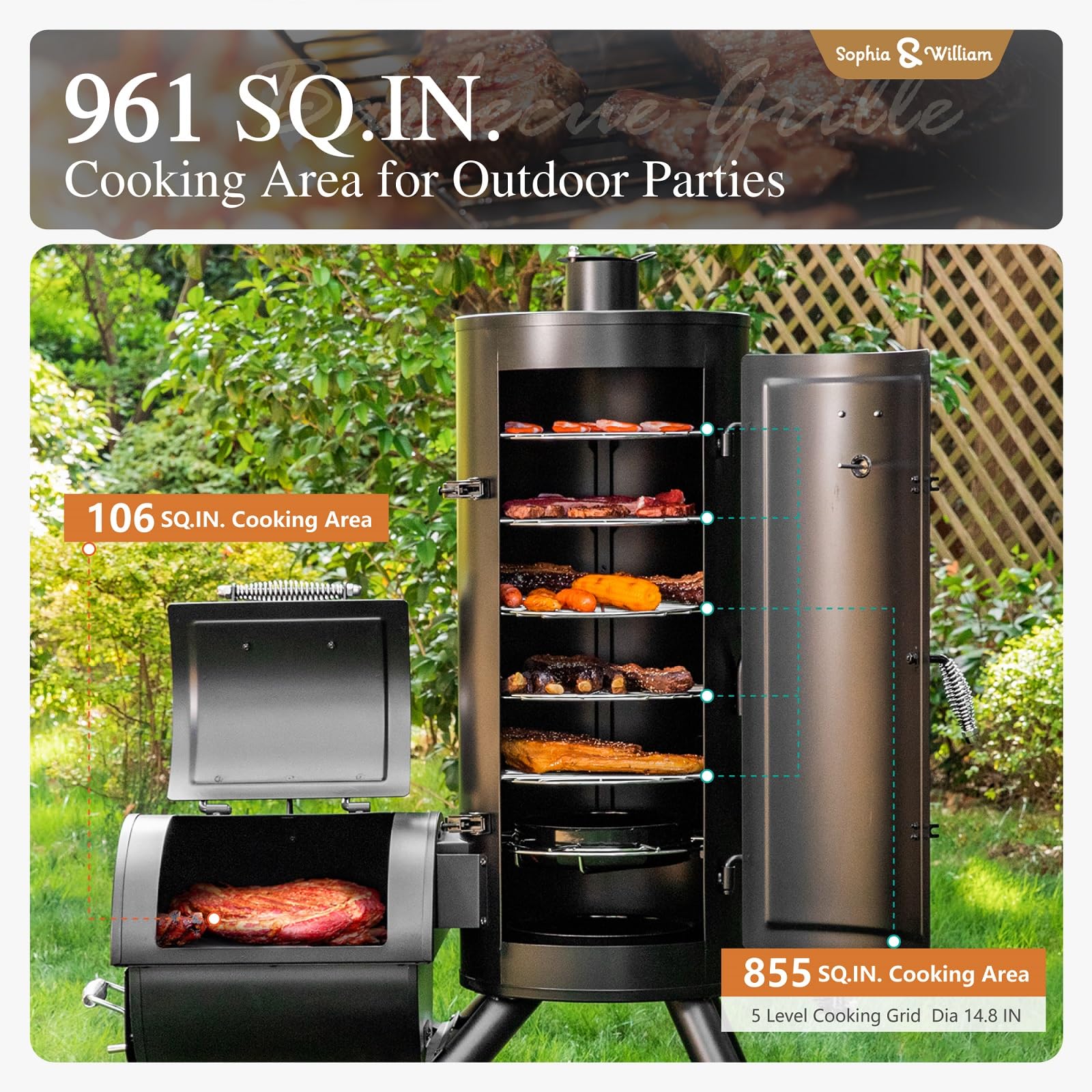 Sophia & William Heavy-Duty Vertical Offset Charcoal Smoker Extra Large Outdoor BBQ Gill with Offset Smoker, 961 SQ.IN. Cooking Area with Warming Tray,Push-out Ash Tray for Event Gathering, Black - CookCave