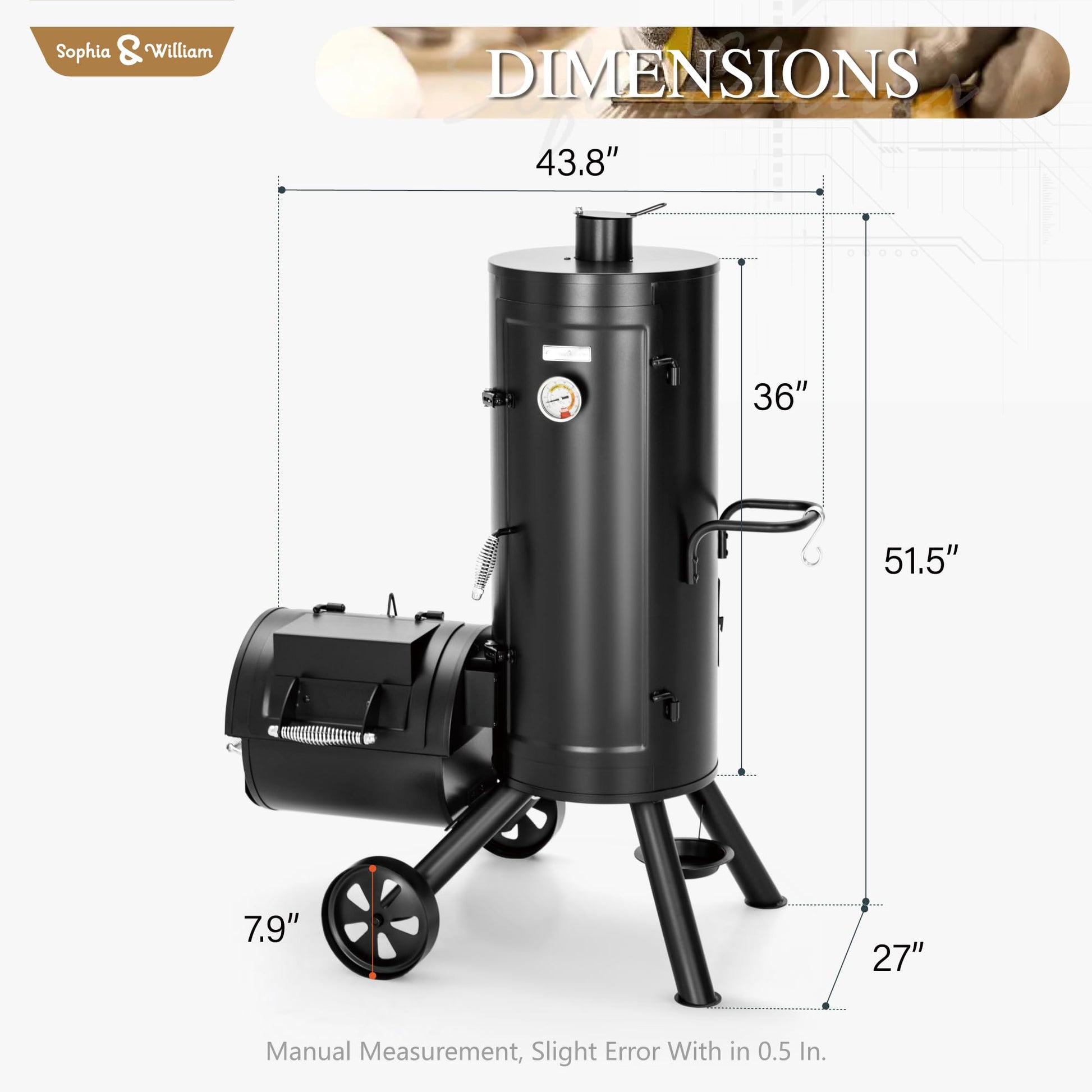 Sophia & William Heavy-Duty Vertical Offset Charcoal Smoker Extra Large Outdoor BBQ Gill with Offset Smoker, 961 SQ.IN. Cooking Area with Warming Tray,Push-out Ash Tray for Event Gathering, Black - CookCave