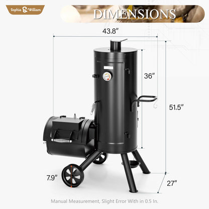 Sophia & William Heavy-Duty Vertical Offset Charcoal Smoker Extra Large Outdoor BBQ Gill with Offset Smoker, 961 SQ.IN. Cooking Area with Warming Tray,Push-out Ash Tray for Event Gathering, Black - CookCave