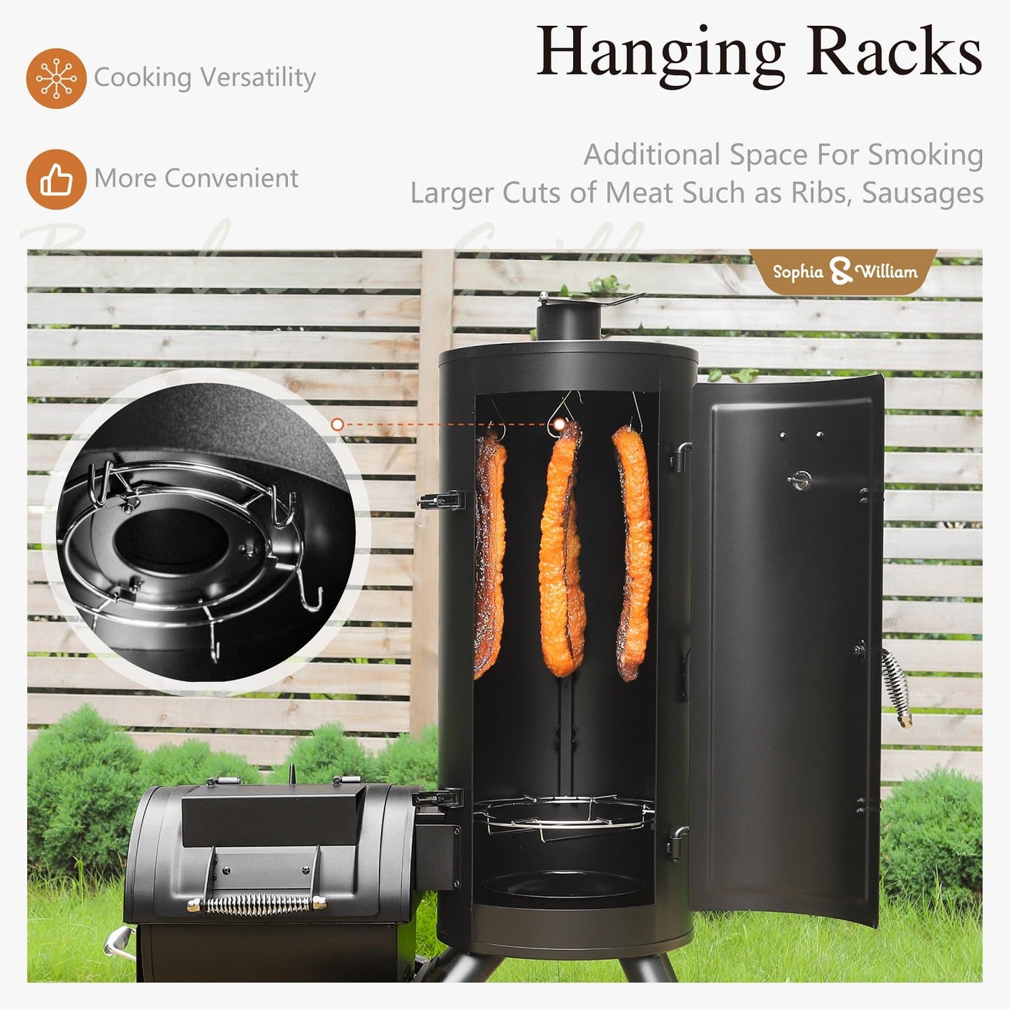 Sophia & William Heavy-Duty Vertical Offset Charcoal Smoker Extra Large Outdoor BBQ Gill with Offset Smoker, 961 SQ.IN. Cooking Area with Warming Tray,Push-out Ash Tray for Event Gathering, Black - CookCave