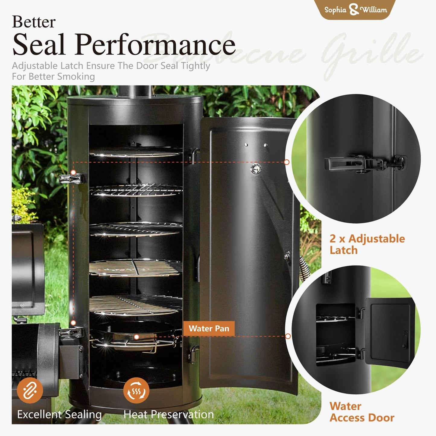 Sophia & William Heavy-Duty Vertical Offset Charcoal Smoker Extra Large Outdoor BBQ Gill with Offset Smoker, 961 SQ.IN. Cooking Area with Warming Tray,Push-out Ash Tray for Event Gathering, Black - CookCave